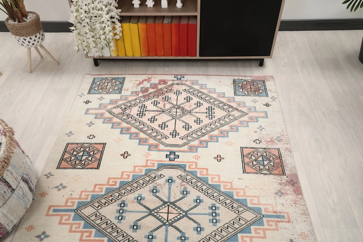 Overhead room view of the rug, providing a broader perspective of its placement.