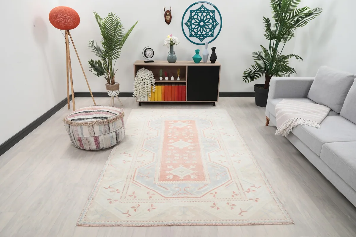 Vintage Anatolian rug displayed in a living room setting with a sofa and plants