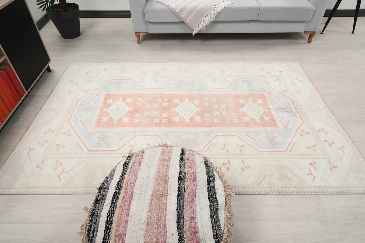 Overhead perspective of the rug in the room, showing its full design