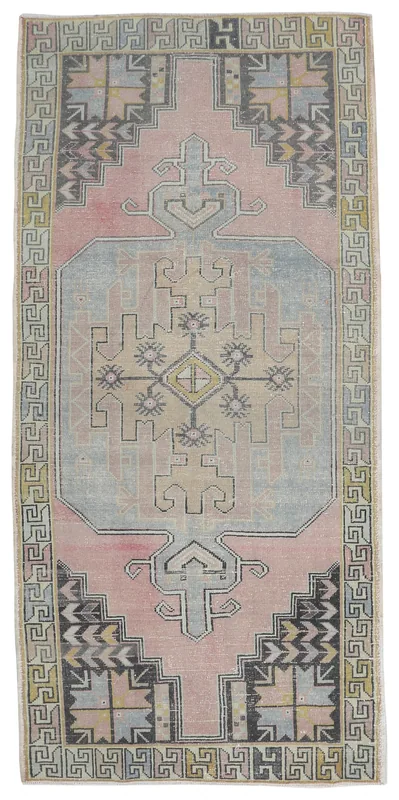 Full top view of the vintage rose and blue geometric Anatolian runner on a white background
