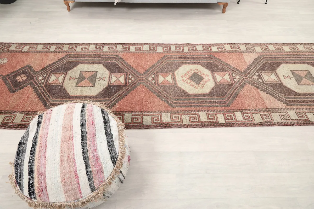 Top-down view of the runner rug in a room, emphasizing its linear design and length.