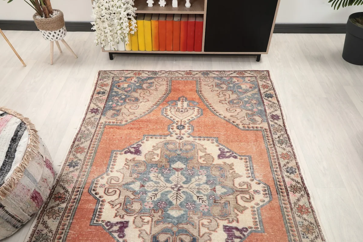 Angle view of the rug in a living room, highlighting its full length and width
