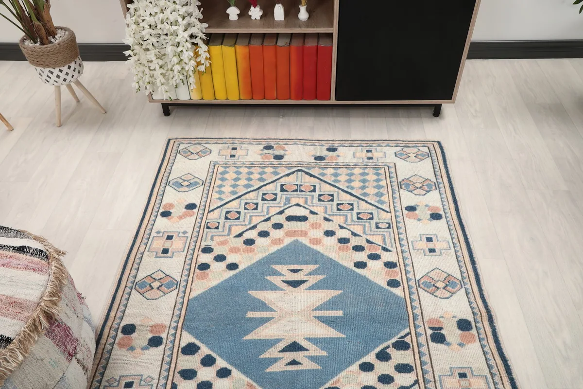 Angle view of the entire rug from above, highlighting its placement in a room