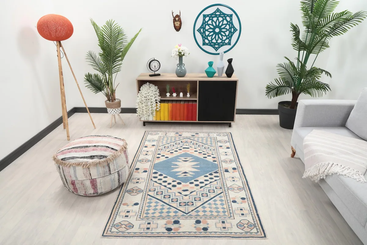 Vintage Anatolian rug in a modern living space with light-colored furniture