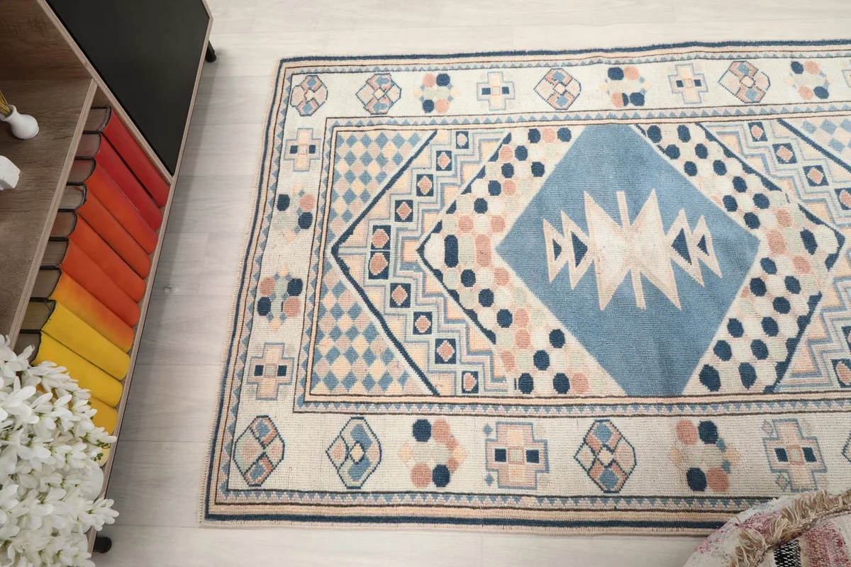 Overhead view of the rug showing its full design and surrounding floor