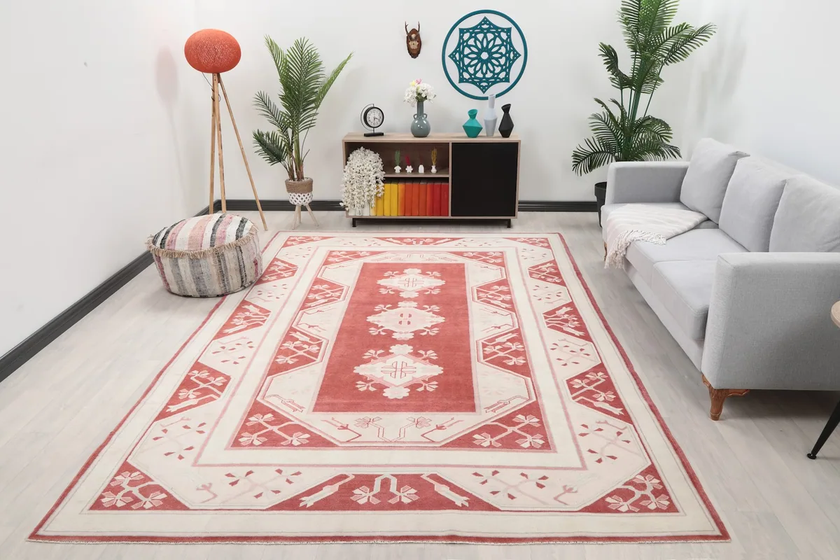 Vintage Anatolian rug in a modern living room setting with a gray sofa and plants.