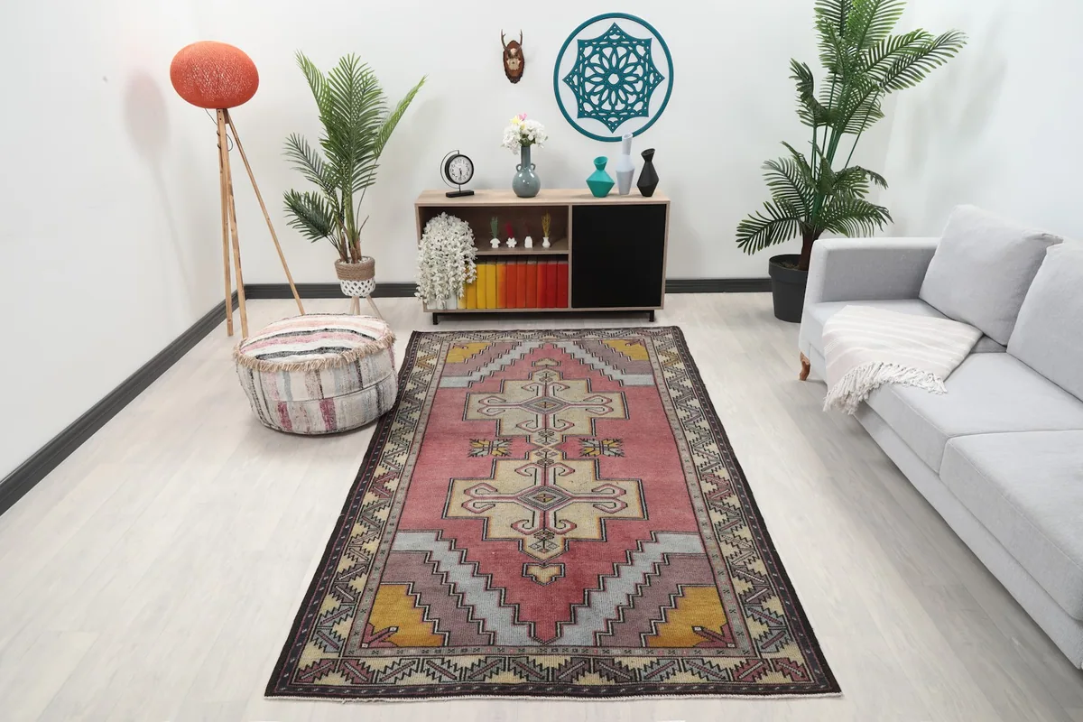 Vintage area rug displayed in a bright living room setting with a sofa and plants