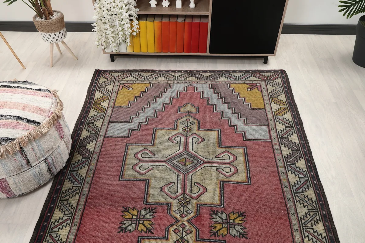Overhead view of the rug, capturing its overall design and placement in a room