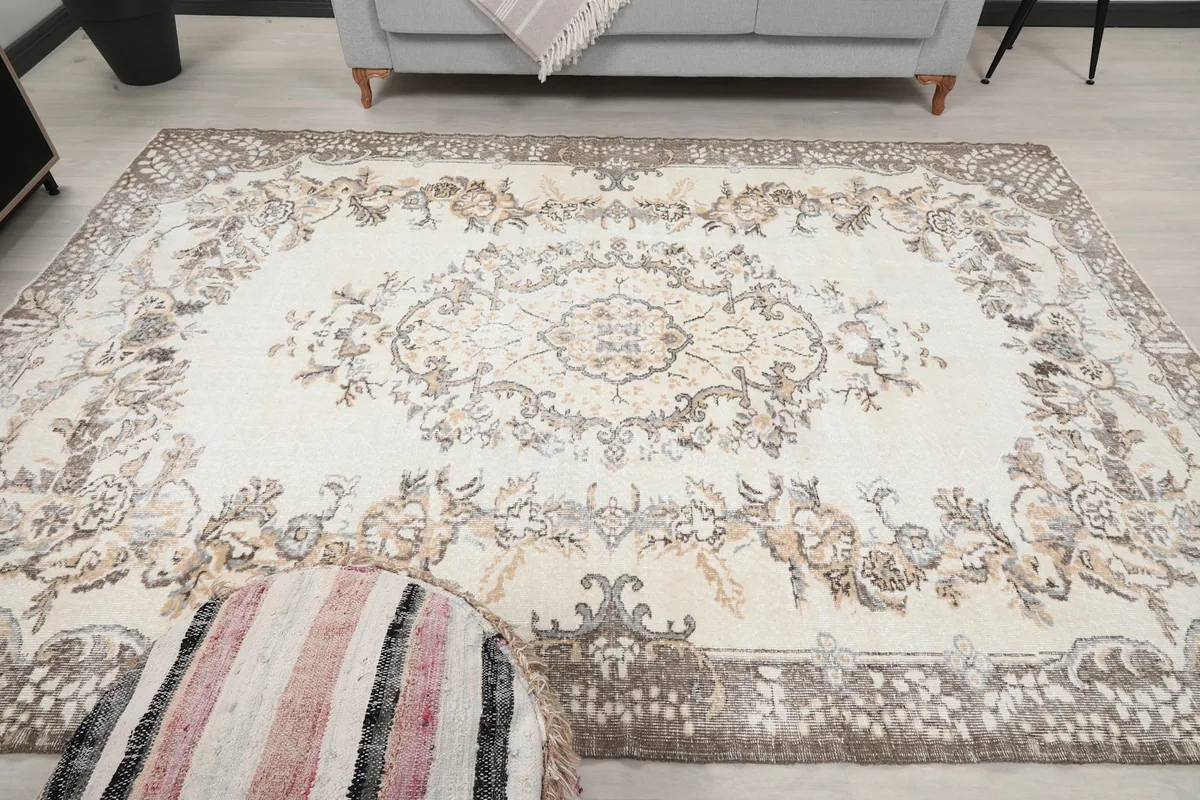 Overhead shot of the rug in a room, capturing its overall layout and colors