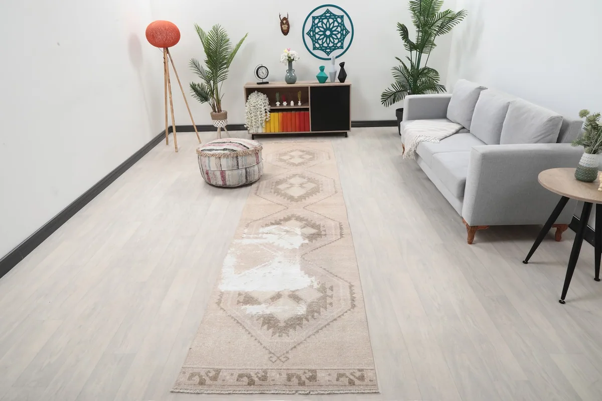 Runner rug displayed in a living room setting with a sofa and decor