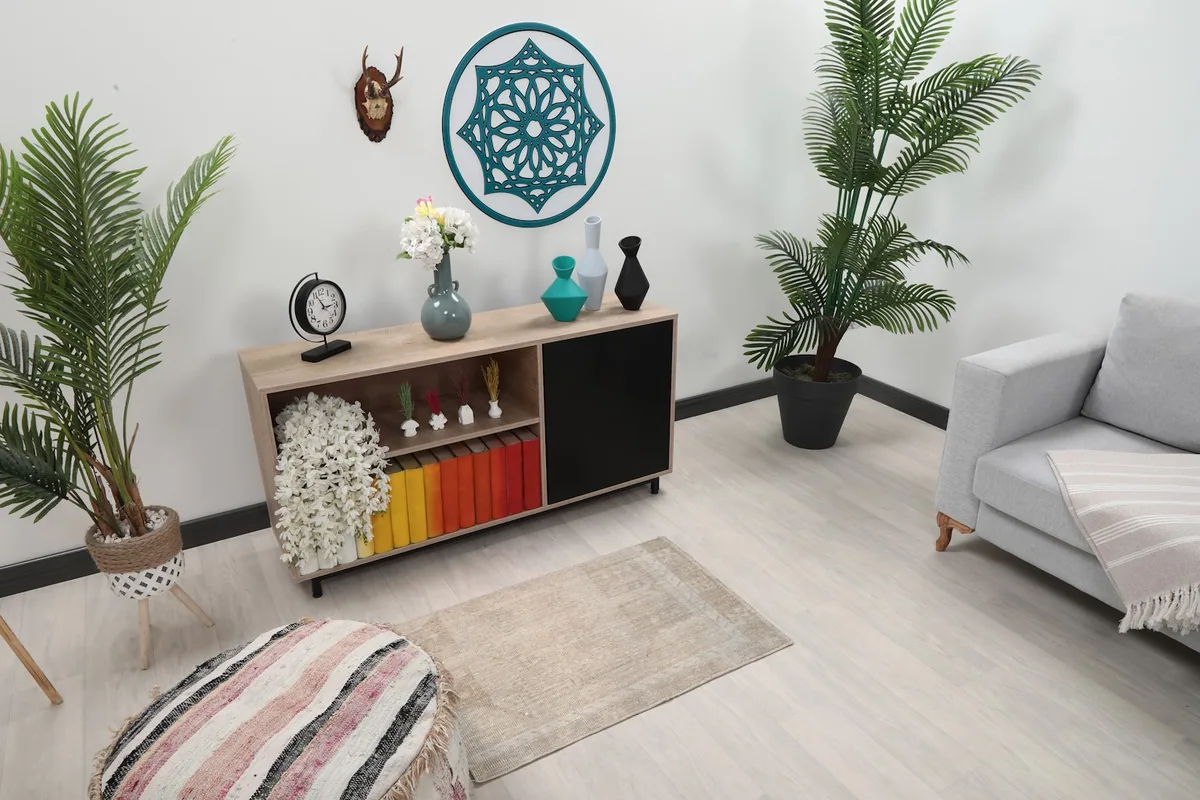Angle view of the beige rug placed in a room setting with plants and a cabinet