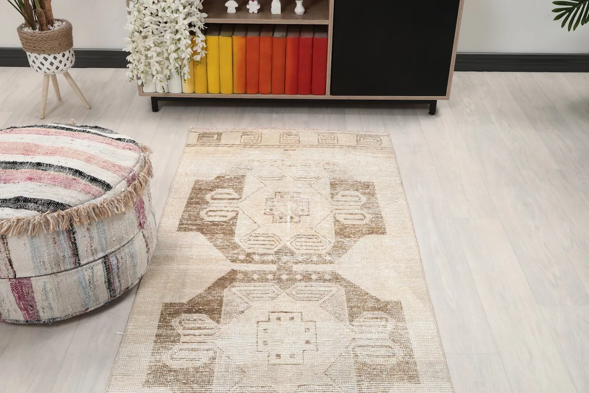 Overhead view of the runner rug in a room, showing its full design and surrounding decor.