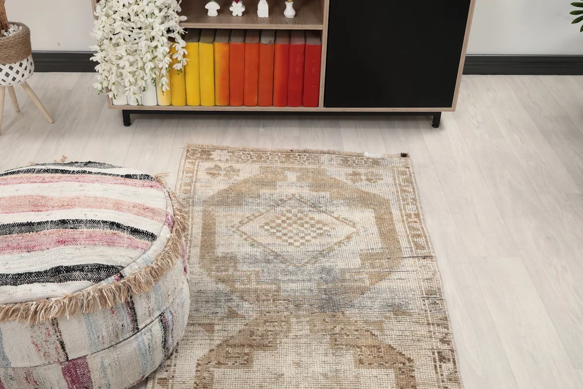 Overhead view of the runner rug in a room setting, focusing on the central design
