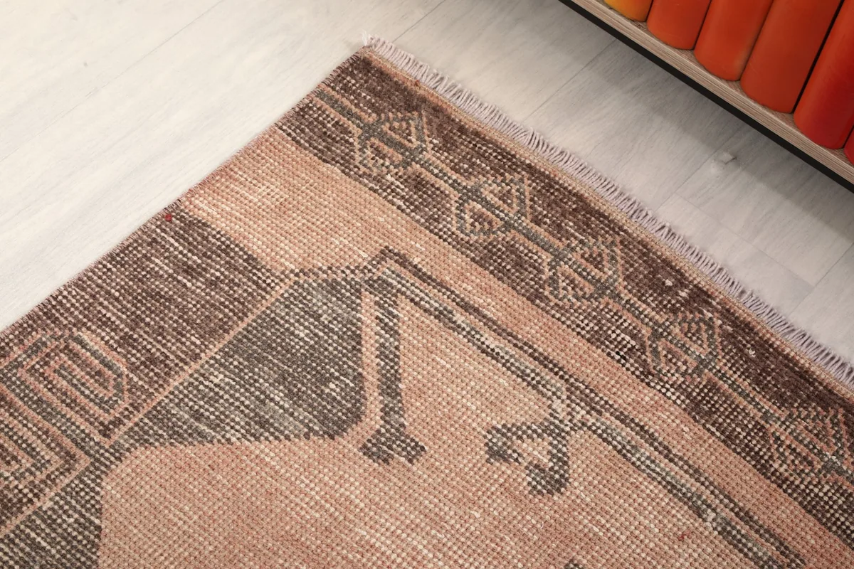 Detail of the rug's edge, highlighting the brown border and faded rust field