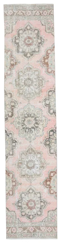 Full overhead view of the 2'11" x 12'4" rose geometric vintage Anatolian runner rug