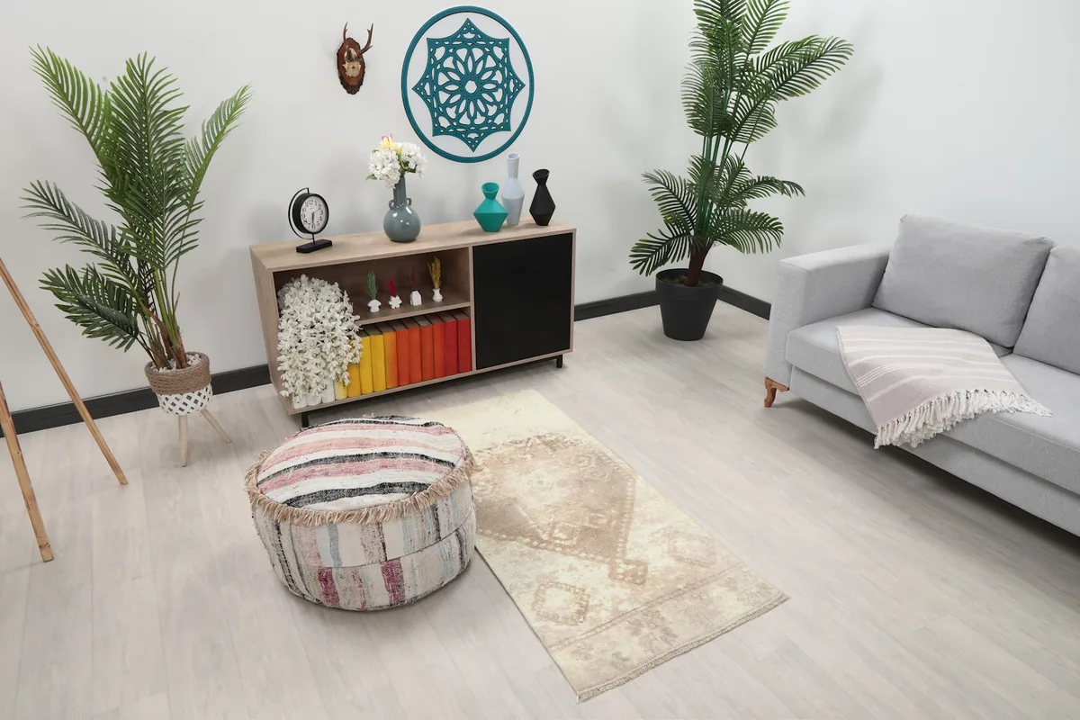 Angled view of the 2x5 Anatolian rug in a room, showing its placement next to a sofa