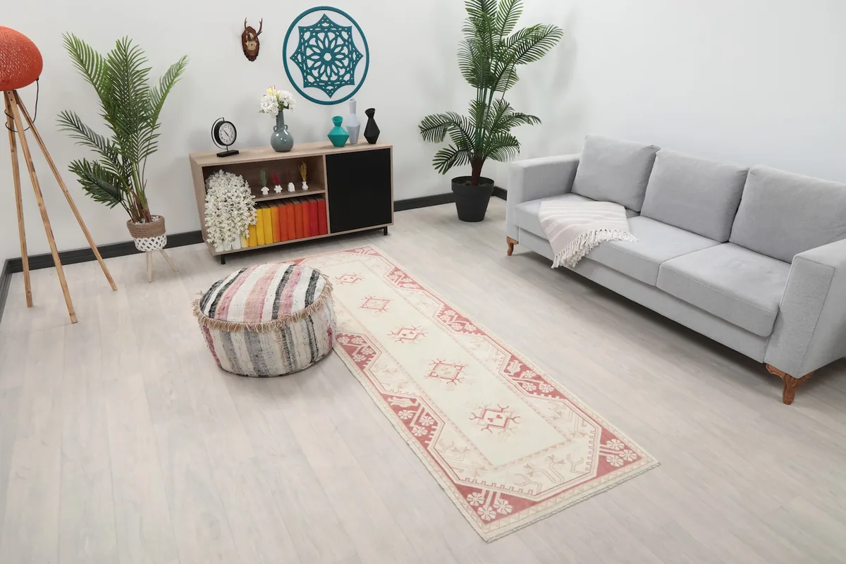 Angled view of the runner in a living space, highlighting its placement and colors