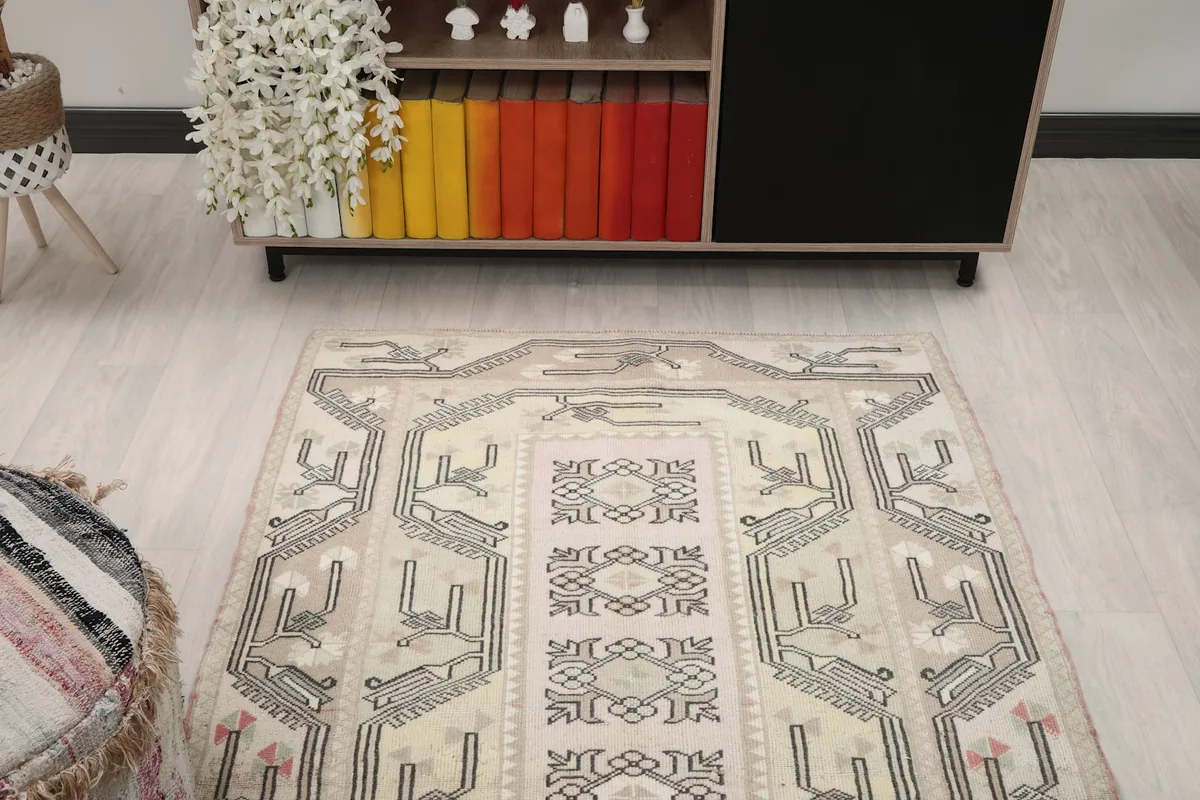 Overhead view of the rug in a room, showcasing its full design and proportions.