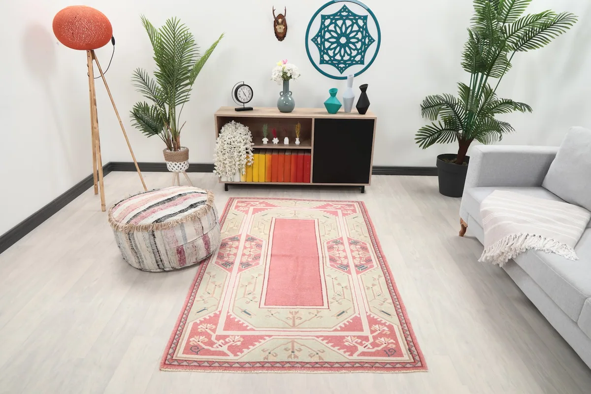 Vintage pink and green rug in a modern living room setting with a gray couch and plants.