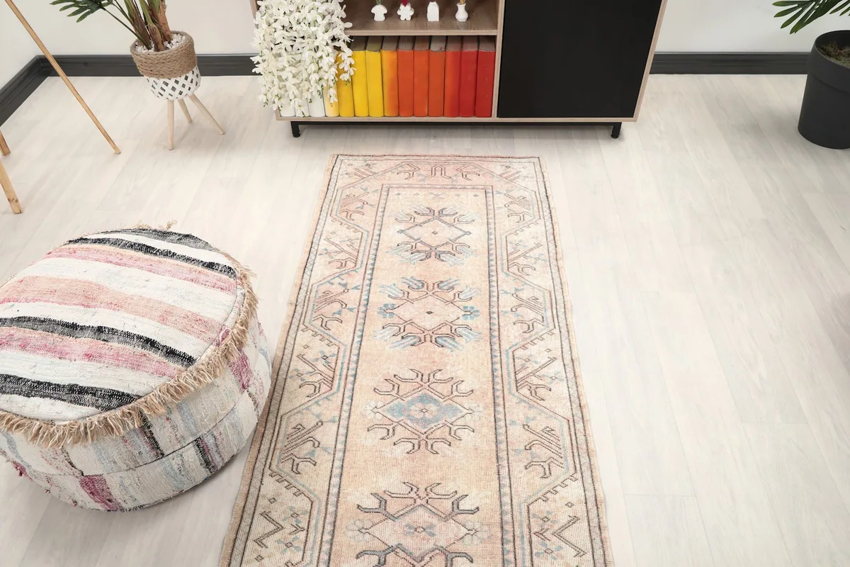 Overhead view of the runner rug in a room, showing its length and placement