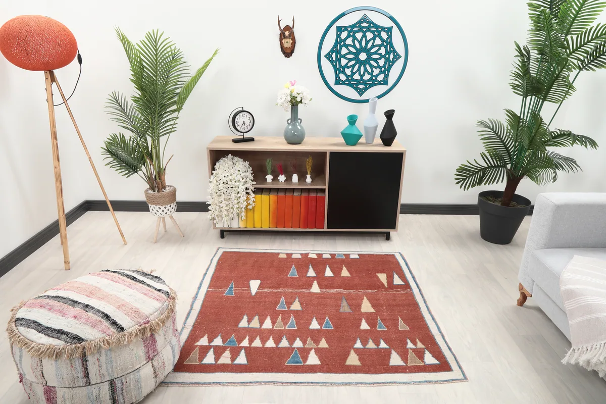 Rust Geometric Anatolian Rug displayed in a modern living space with plants and furniture.