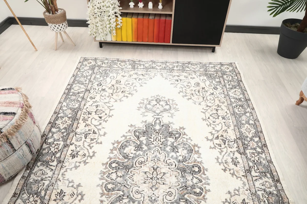 View of the rug from one end, showing its placement in a living space