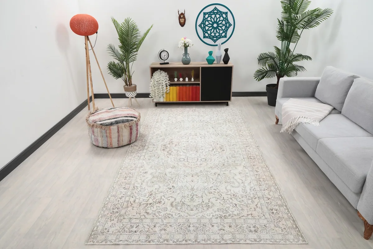 Vintage ivory medallion floral rug in a modern living room setting with a gray sofa and plants.