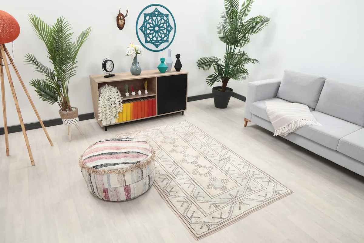 Angle view of the Anatolian rug in a room, highlighting its placement relative to furniture.