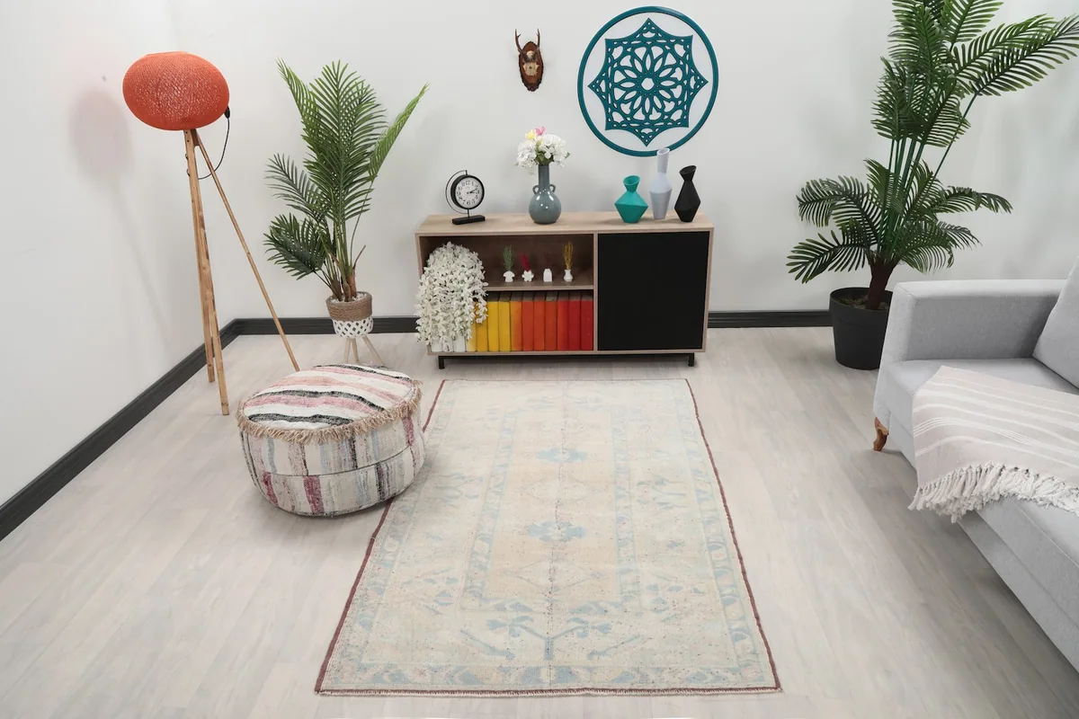 Ivory and blue vintage rug in a modern living room setting with a gray sofa and plants.