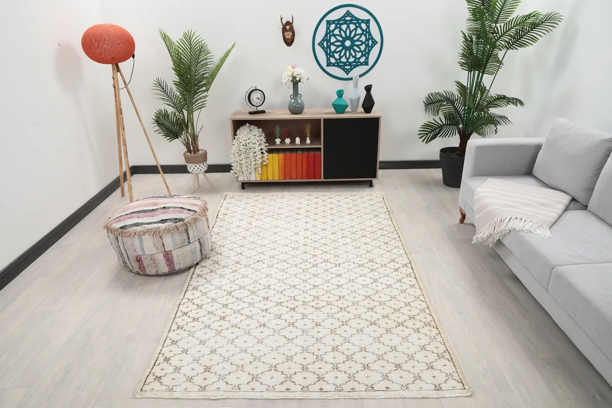Vintage cream and brown geometric rug in a living room setting with a gray sofa