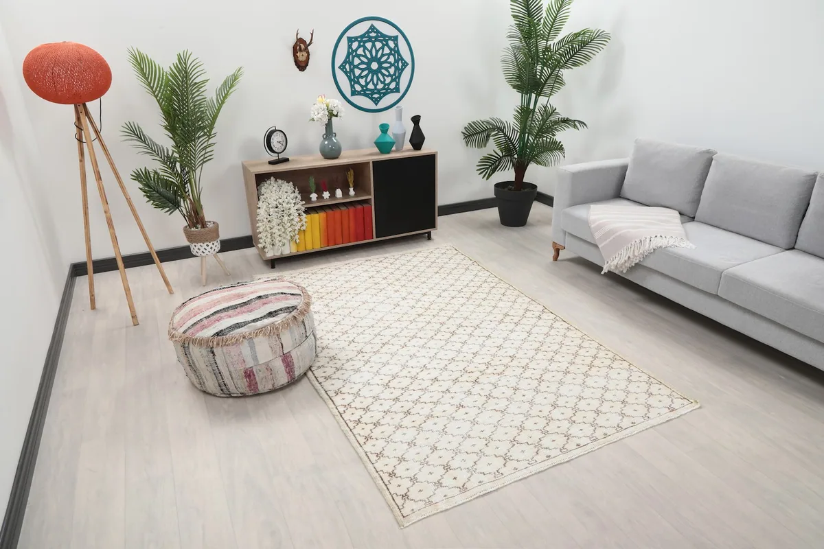 Angle view of the Anatolian rug in a modern living space with light wood floors