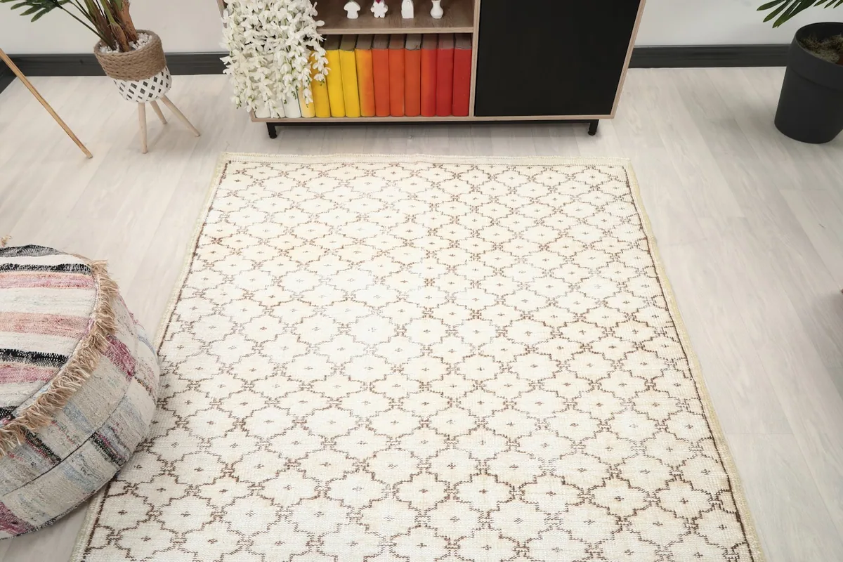 Overhead shot of the cream and brown rug, highlighting its full pattern and shape