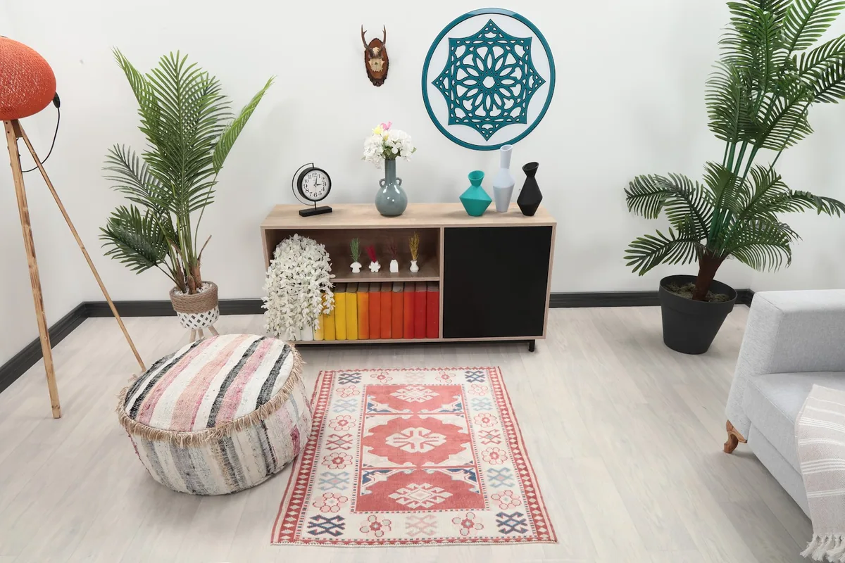 Red and ivory rug in a modern living space with plants and light furniture