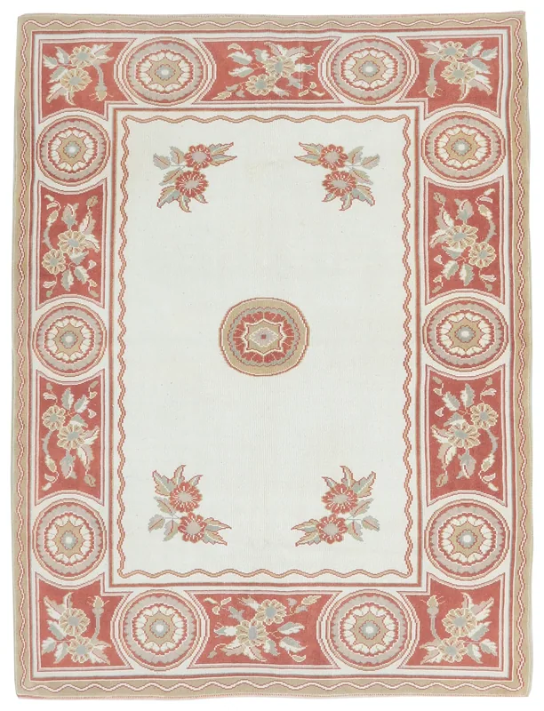 Full top view of the ivory and rust vintage Anatolian hand-knotted wool area rug