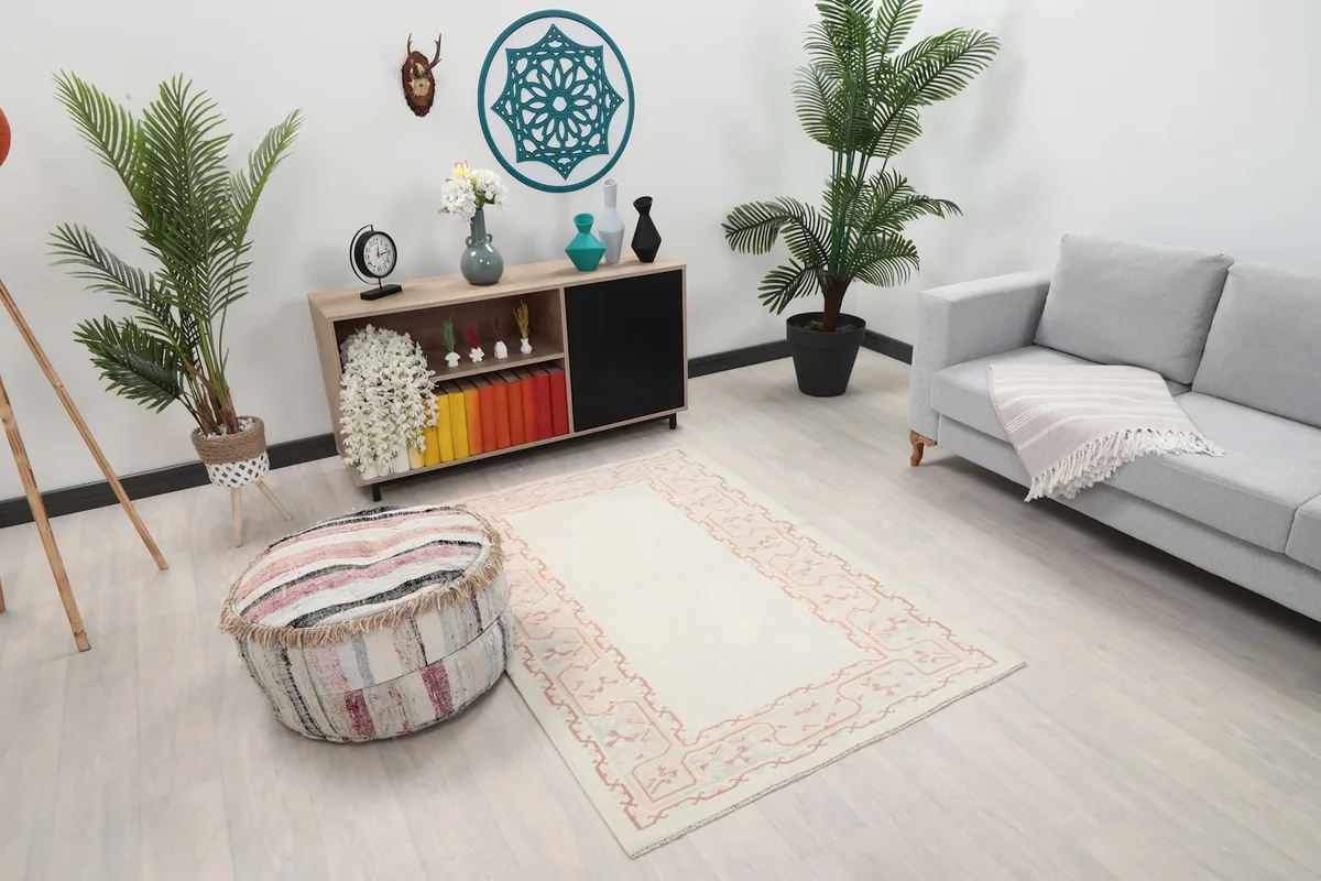 Angled view of the vintage Anatolian rug in a contemporary room
