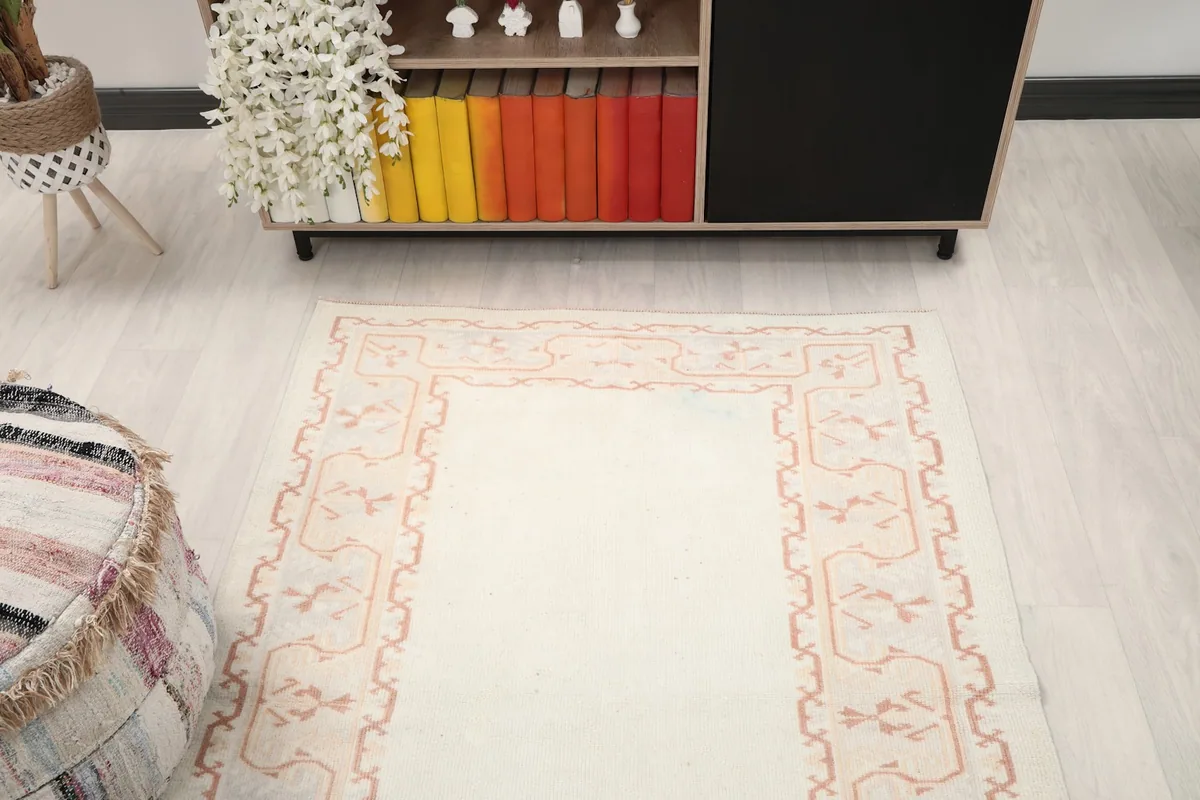 Overhead view of the rug from one end, showing its placement in a room