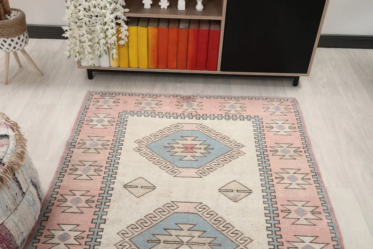 Overhead view of the rug in a room, showing its placement relative to furniture