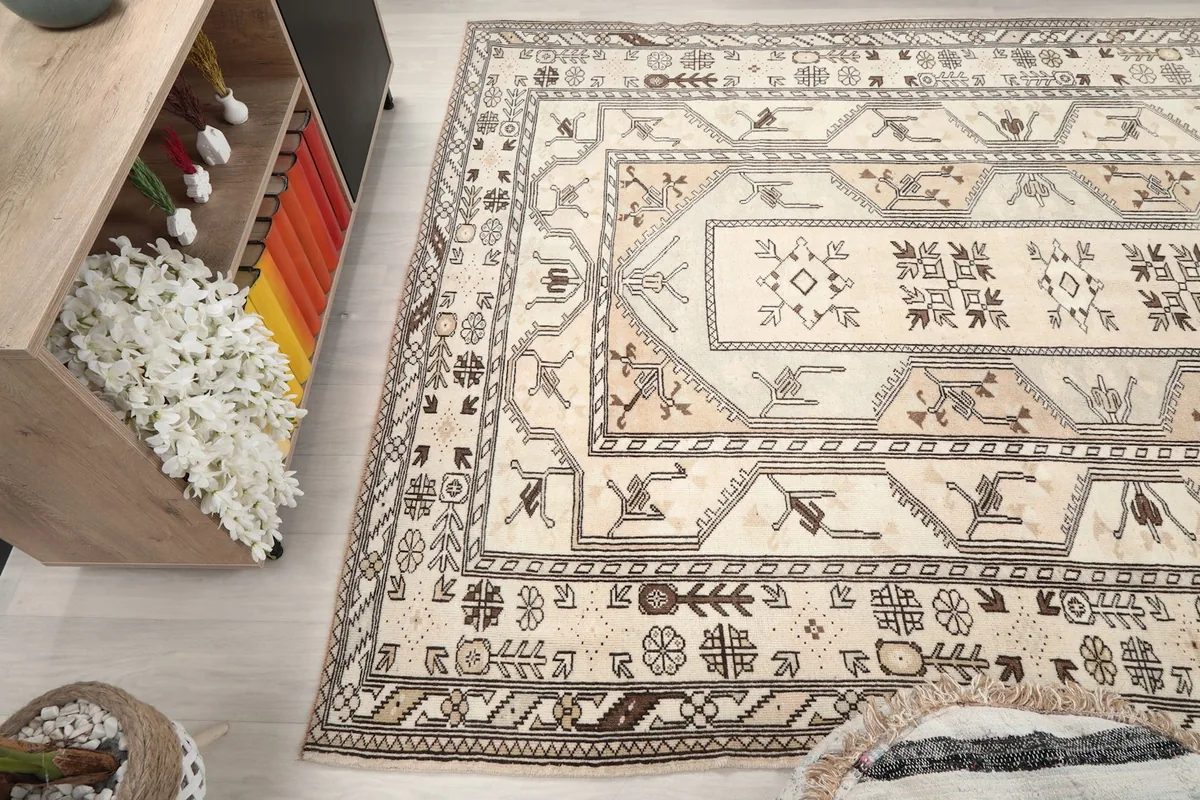 Wide-angle view of the rug from above, capturing its placement in the room