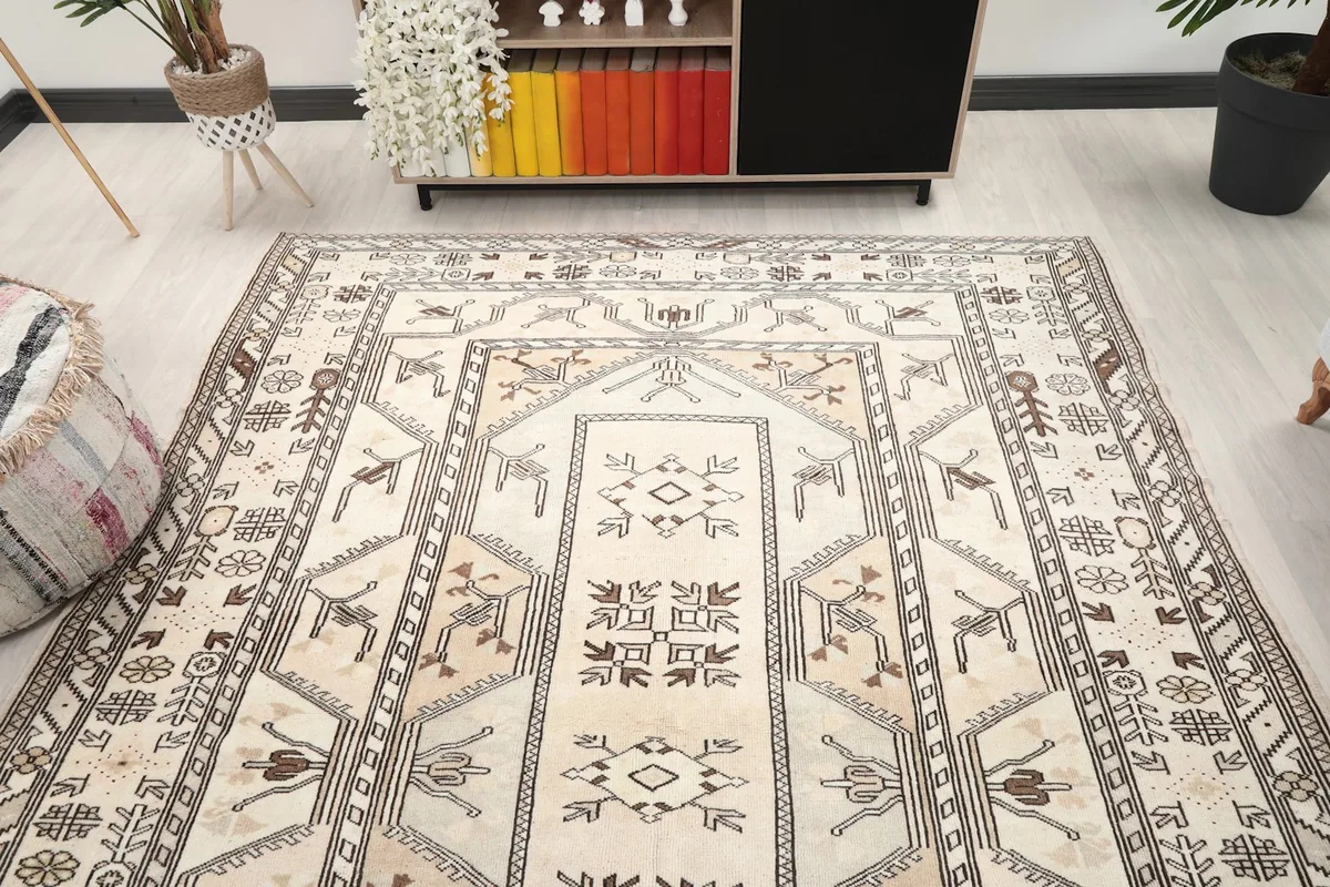 Elevated view of the entire rug in the room, showing its full presence and scale