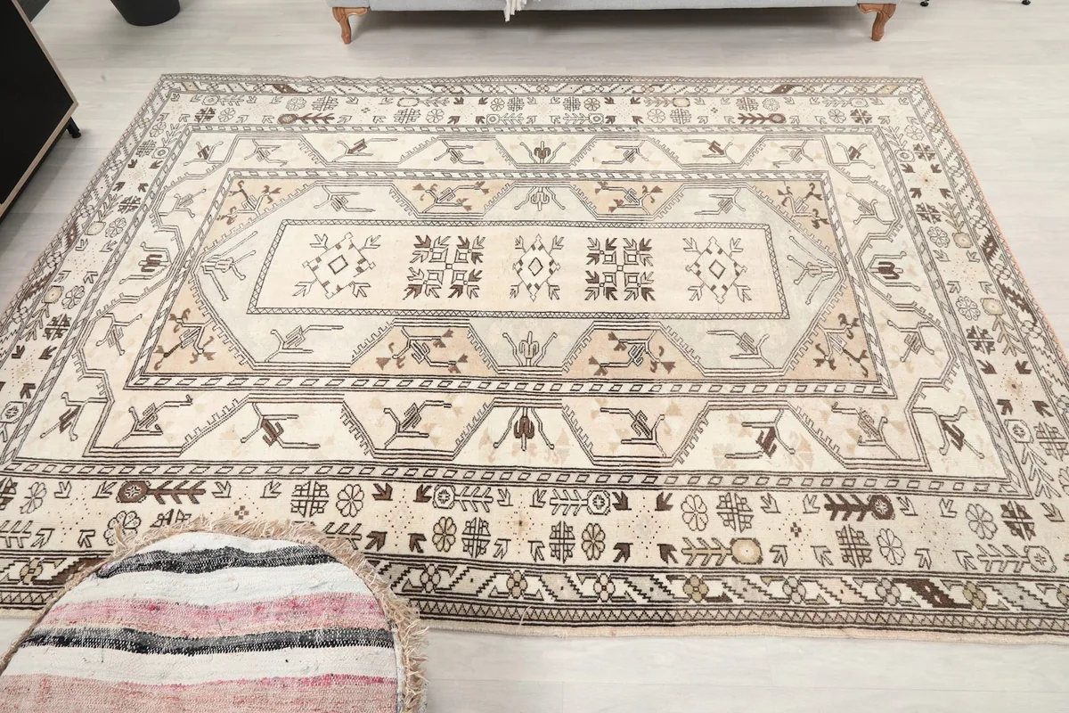 Full overhead shot of the rug in a room setting, emphasizing its overall design