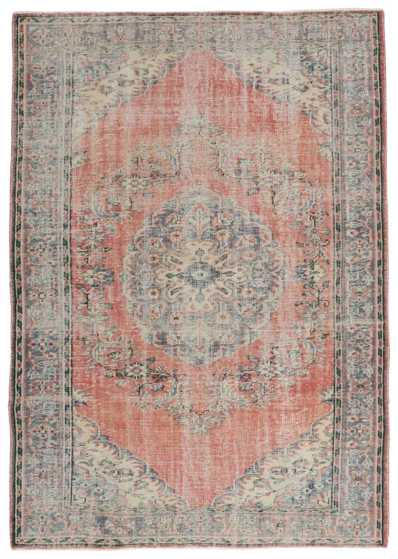 Full top view of the 6'4" x 9'1" vintage Anatolian rug with a rose field and gray medallion