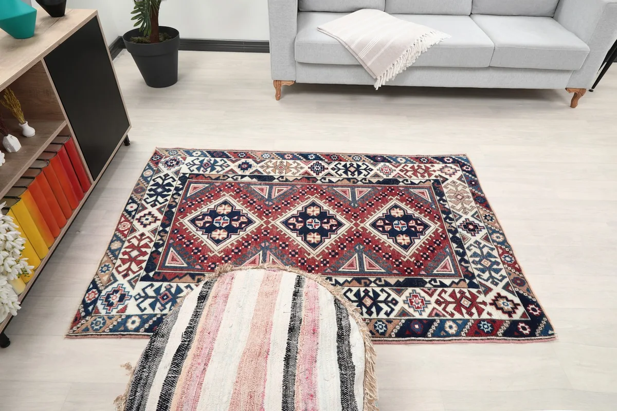 Full view of the rug in a living room setup, emphasizing its small area rug size