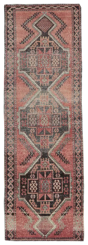 Full top view of a 3'3" x 10'6" vintage Anatolian runner rug with rose and charcoal geometric patterns