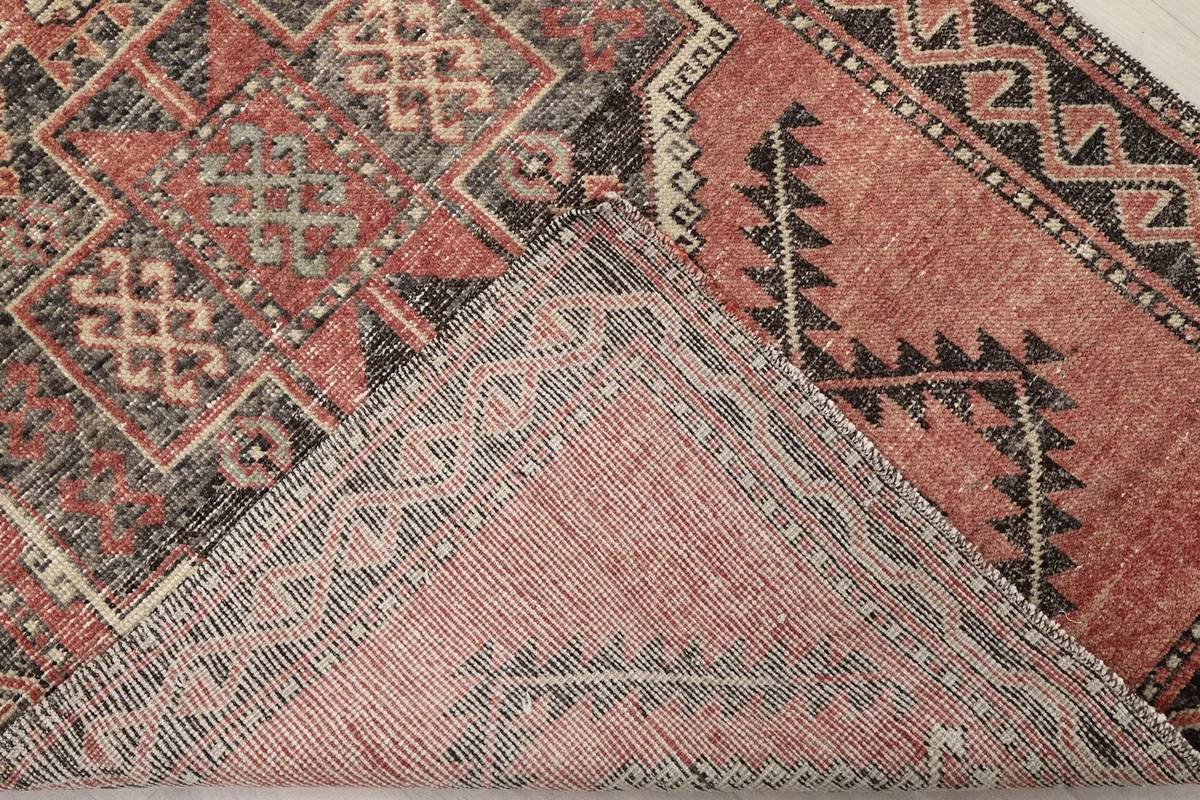 View of the back of the hand-knotted Anatolian runner rug, showing construction details