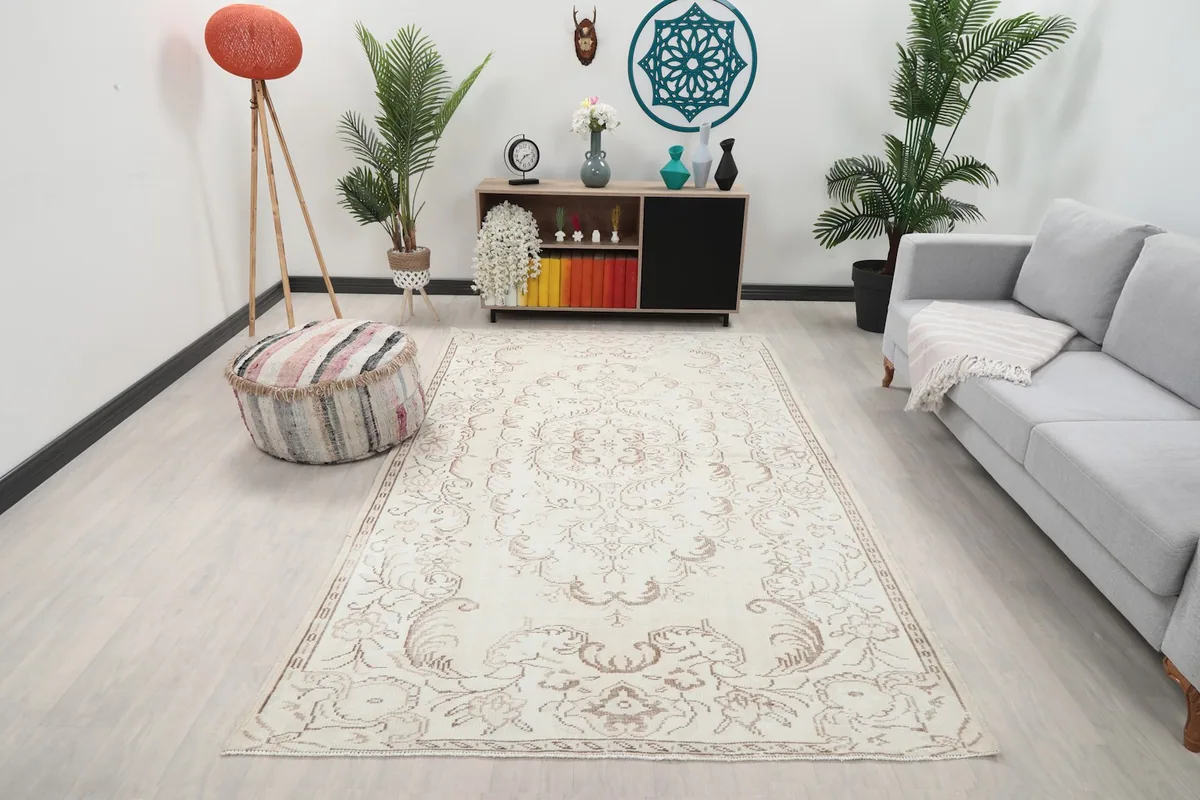 Ivory and tan area rug in a modern living room setting with a gray sofa and plants