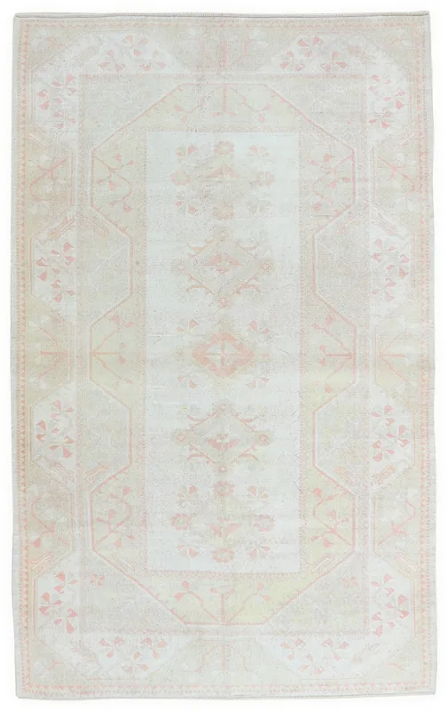 Full top view of the Cream Rose Medallion vintage Anatolian rug on a white background