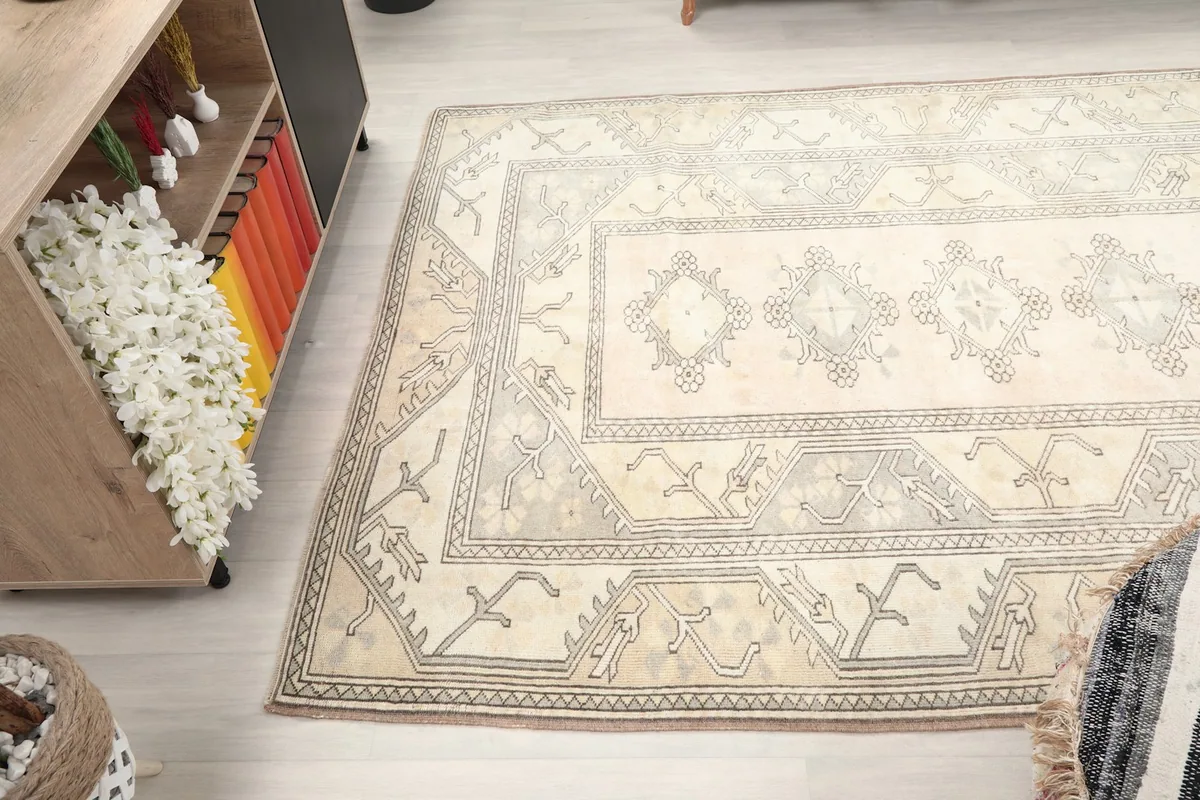 Overhead angled view of the rug's full pattern and texture
