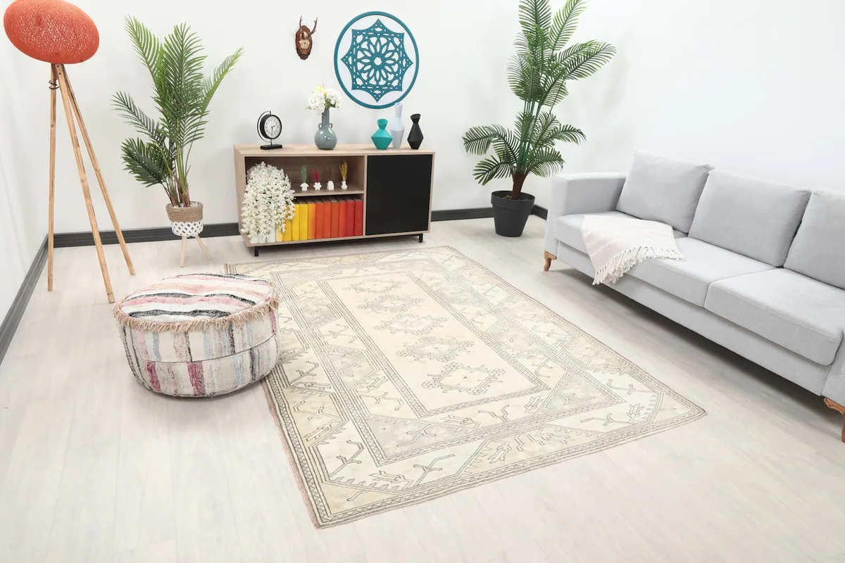 Angled view of the hand-knotted rug enhancing a spacious room