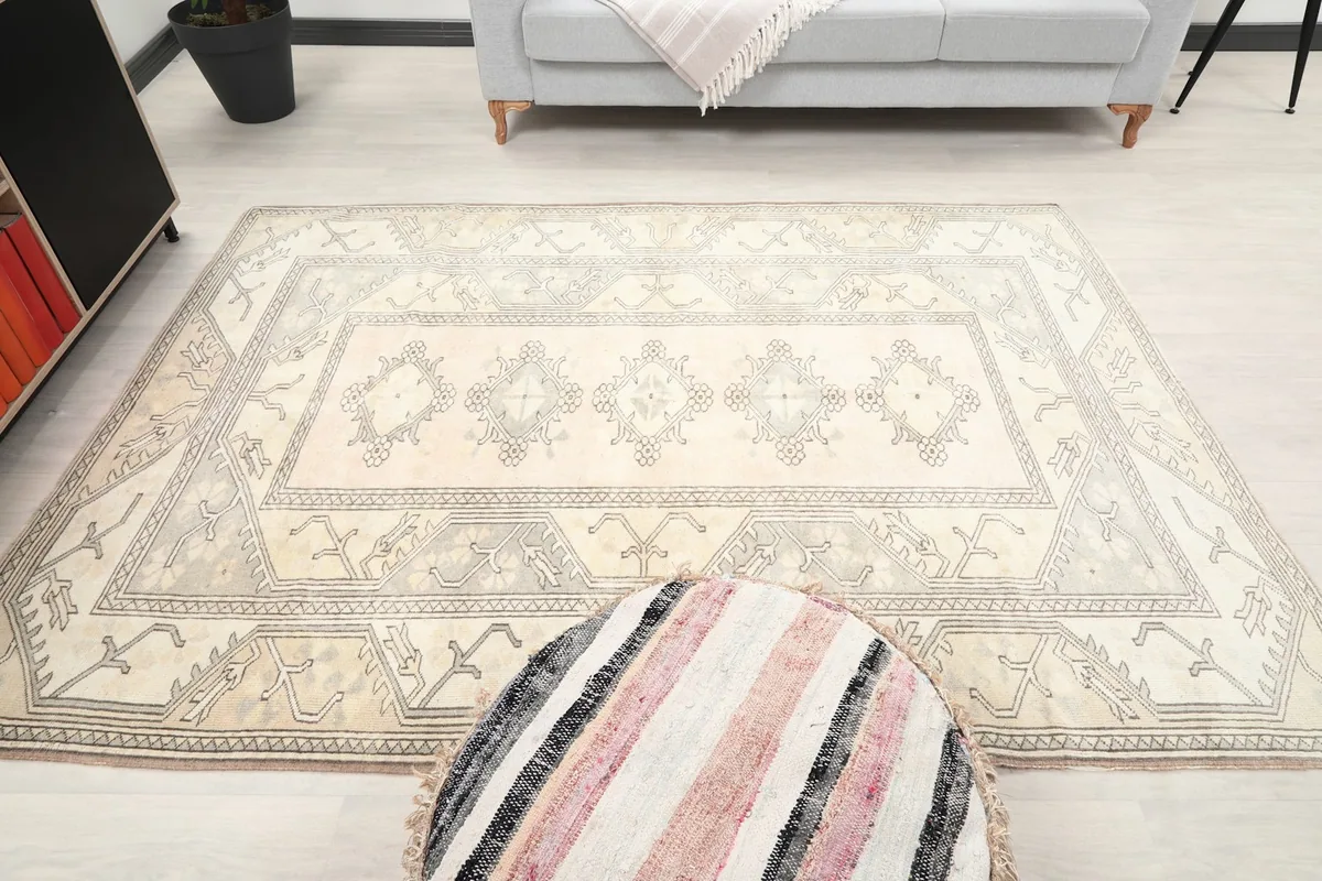 Overhead view of the rug in a room, showing its overall presence