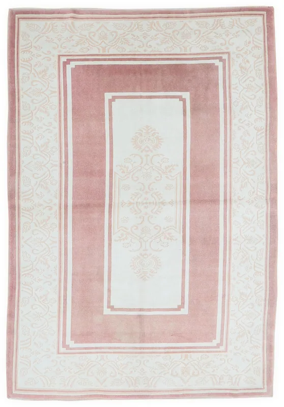 Full top view of the rose and ivory vintage Anatolian area rug
